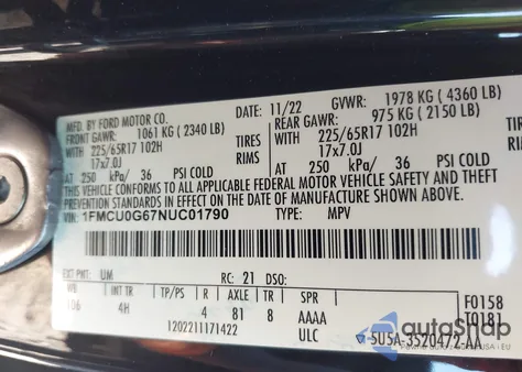 2022 Ford Escape Se из США, поврежденный, VIN 1FMCU0G67NUC01790